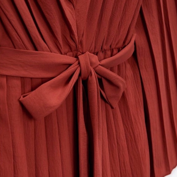 Zara Pleated Tie Front Burnt Orange Midi Dress Size S NWT - Picture 5 of 7